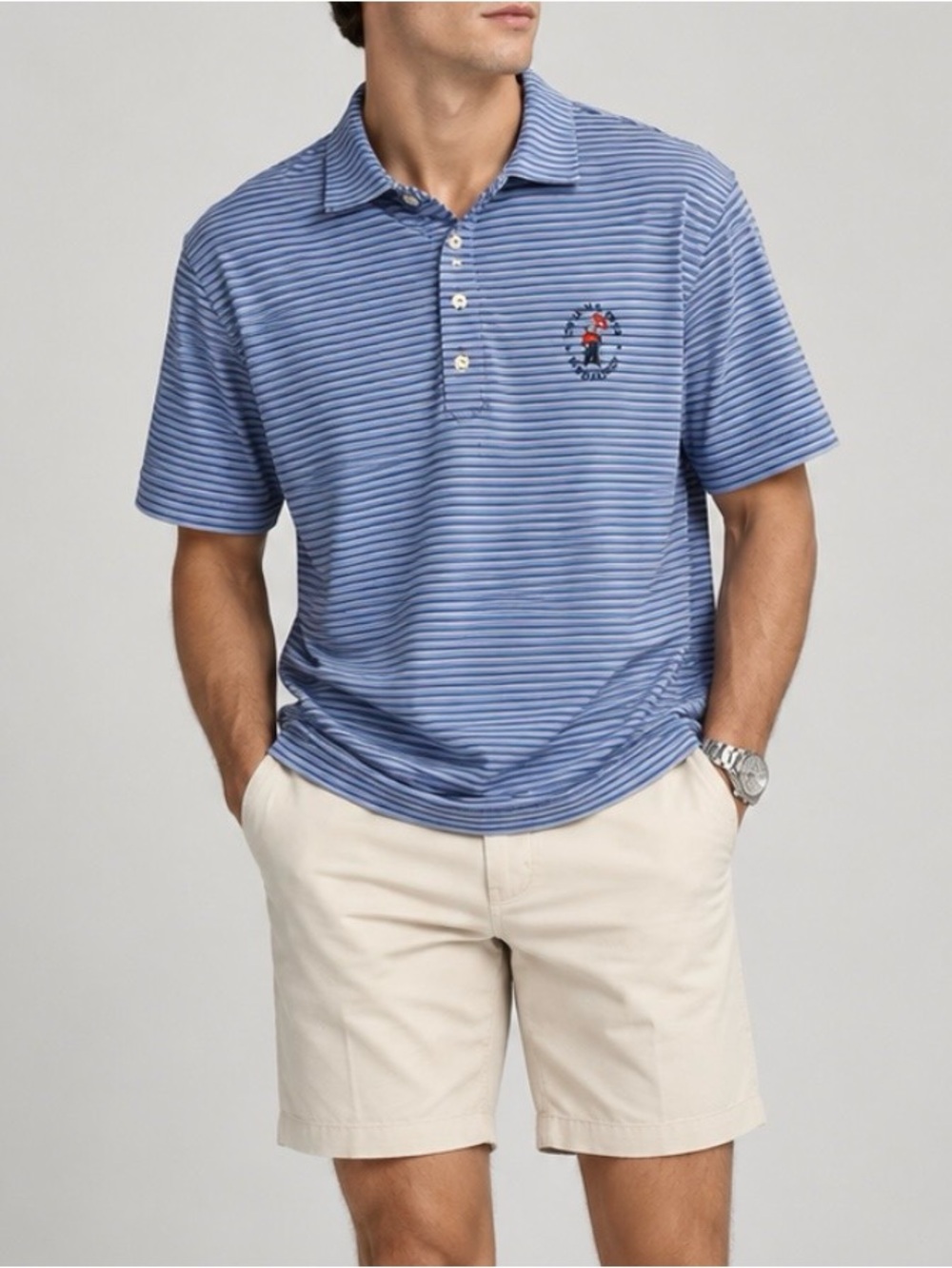 Peter Millar Light Blue Striped Polo with Embroidered Crest
